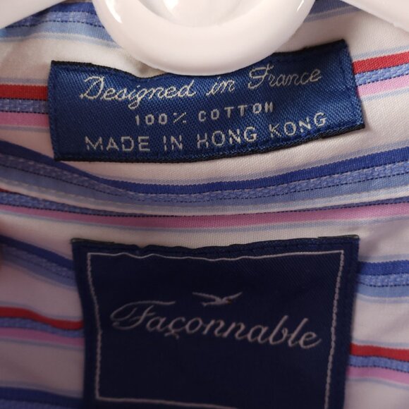 Faconnable Blue Red Pink XL Cotton Club Striped Point French Button Up Pocket - Picture 12 of 16